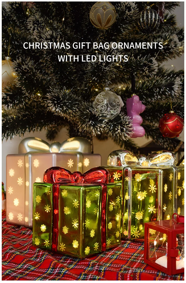 Led Lighted Glass Gift Box Christmas Ornaments Square Shaped Inside With Glitters For Xmas Present New Year Decorations supplier