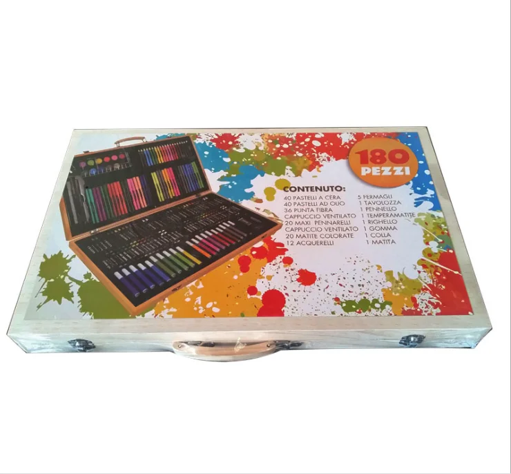 180 Piece Deluxe Wooden Art Box & Drawing Kit With Crayons,Oil Pastels