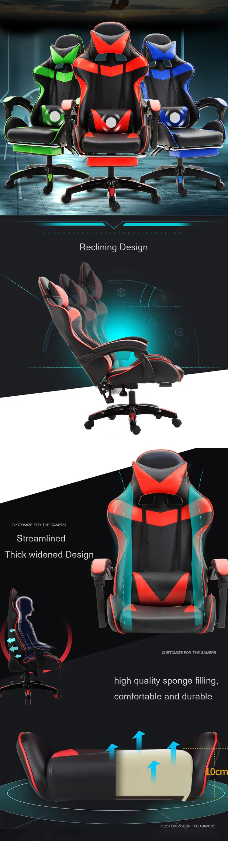 Swivel Gaming Chair with footrest Swivel Faux Leather Game Chair office Ergonomic Computer Silla Gaming Racing Chair For E-Sport