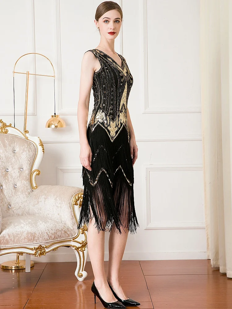 Retro Women's Flapper Dresses 1920s Beaded Fringe Great Gatsby Dress  Roaring 20's Theme Harlem Night Jazz Event Party Dress