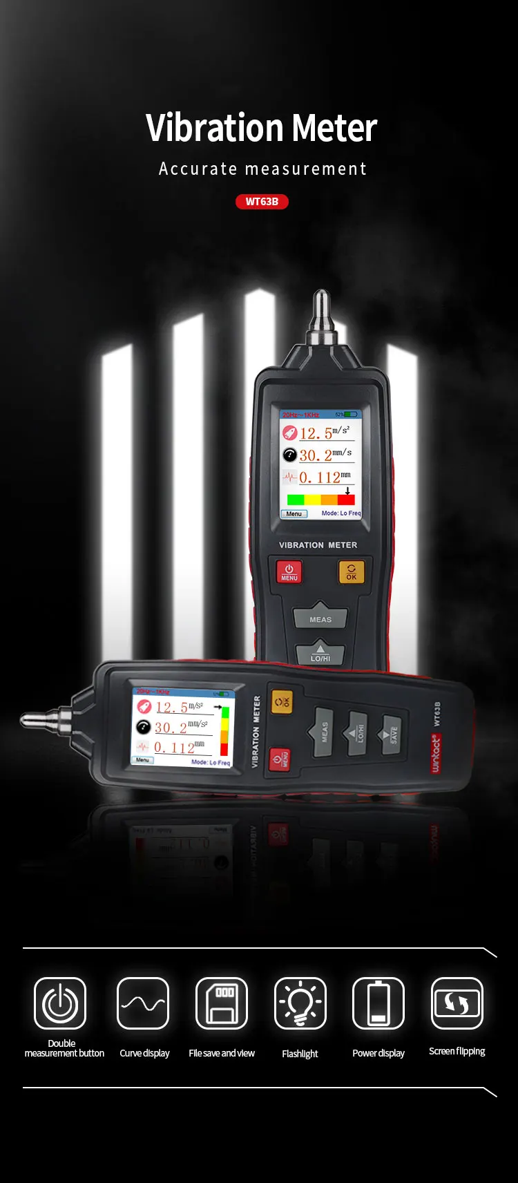 Wt63b Tester Vibration Meter Industrial Digital Vibration Meter Device Probe Vibration Analyzer