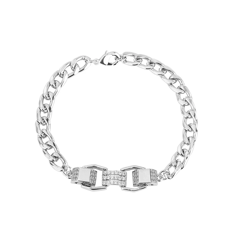 Lock Shape Cuban Bracelet Women Brass Platinum Plated Zircon Bracelet