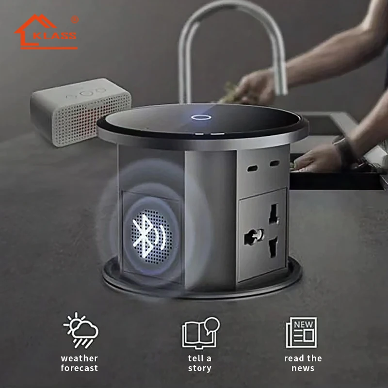 KLASS Customized Silver Hidden Motorized Lifting Pop up Desk Plug Socket for Kitchen Countertop and Down