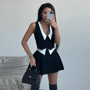 Fashion Contrast Color High Street Outfits New Elegant V-neck Sleeveless Button Vest Tops+Pleat Mini Skirt Suit Summer Slim Set
