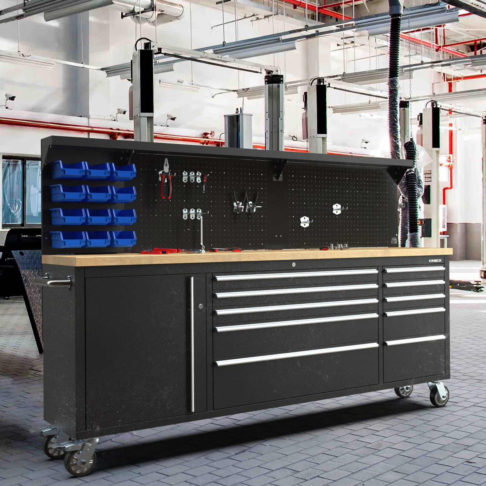 Kinbox Premium Durable Workshop Garage ToolBox Trolley Cabinet Filled With Kraft Germany Hand Tool Set Mechanic for Professional