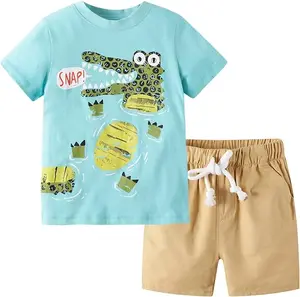 Customized Logo New Boy's Clothes Summer Dinosaurs Short Sleeve Cotton Tops+Pants 2PCS for 2-14 Years