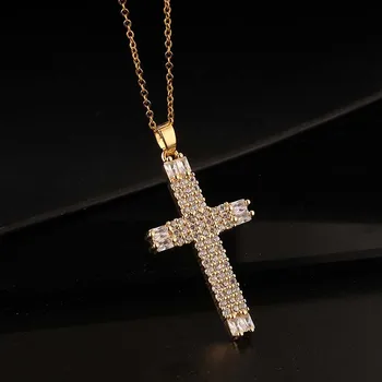 Fine 14k Gold Plated Necklace Christian Belief Religious Jewelry Hip Hop White Micro Insent Zircon Cross Pendant Necklace Prayer