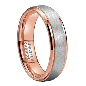 Coolstyle Jewelry 6mm Stepped Beveled Brushed Rose Gold Silver Top Tungsten Ring for Men Women Fashion Wedding Band Comfort Fit