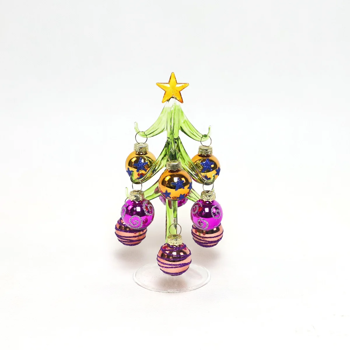 Custom various shape mini clear hand painted blown glass Christmas tree with mini hanging bauble ball ornaments