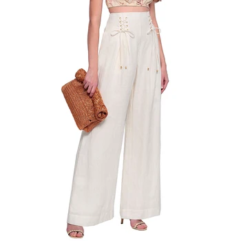 Customizable Elegant Formal High Waist Pants for Women Quick Dry Summer New Style Embossed Logo ODM Collection Wide Leg Trousers