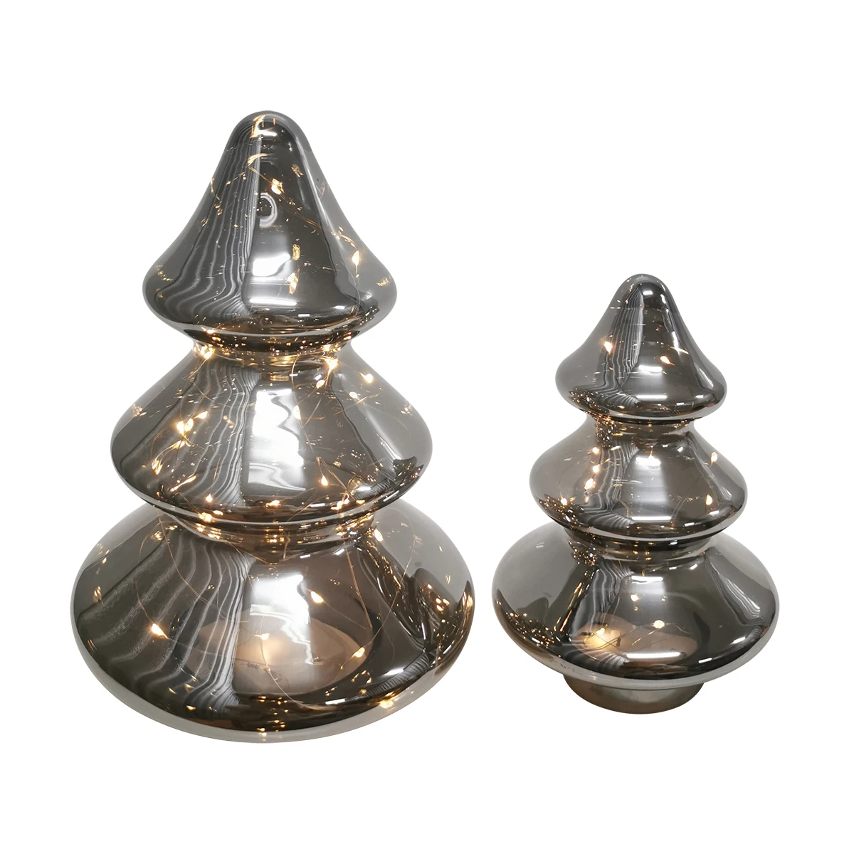 Battery operated tower shaped champagne gold led lighted up glass Christmas tree cloches details