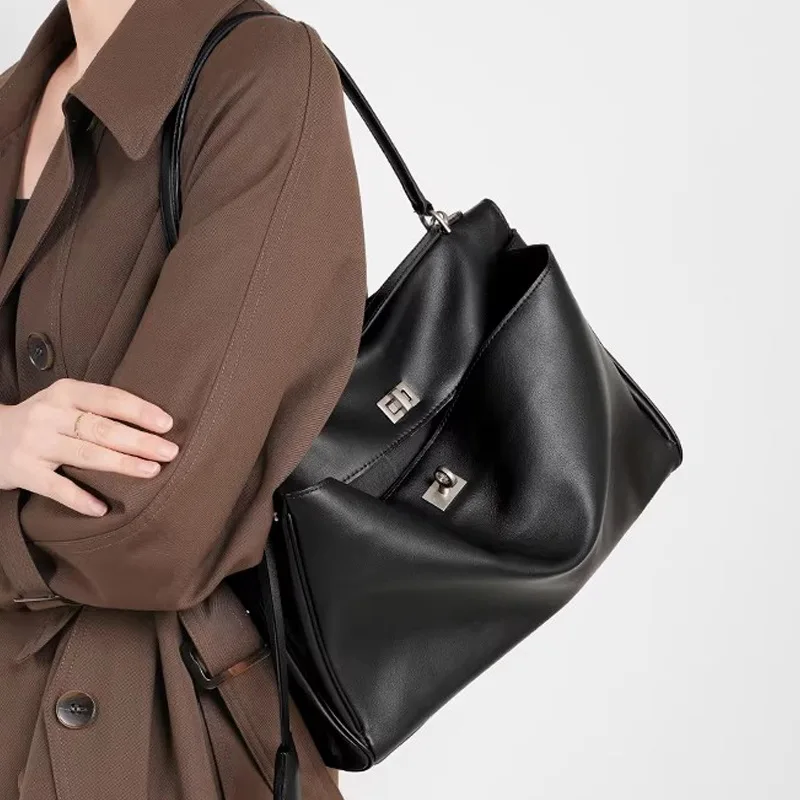 with Gift Box First Layer Calfskin Genuine Leather Rodeo Soft Stitching Seam Tote Shoulder Bag Large Capacity Locking Buckle