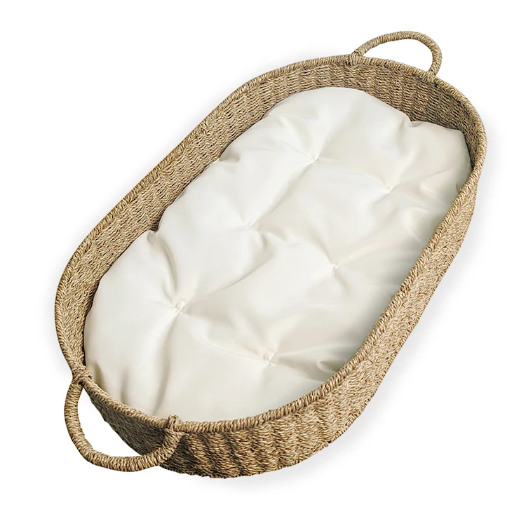 Vietnamese Handwoven Seagrass Basket Changing Table Thick Foam Pad With Removable Cotton