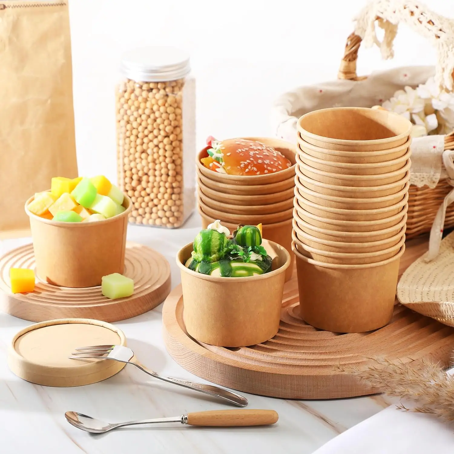 Disposable Biodegradable 8oz 12oz 16oz 26oz 32oz Take Away Food Kraft Paper Soup Bowl Cup Container With PP or Paper Lid For Hot