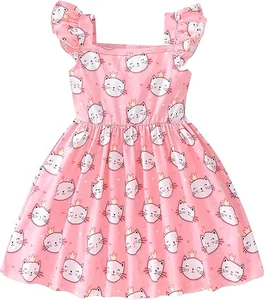 Customizable Product Explosion pink Short Sleeve Cute Cat Printing Kids Satin Dress Girls Dresses 2-14 Children Clothing