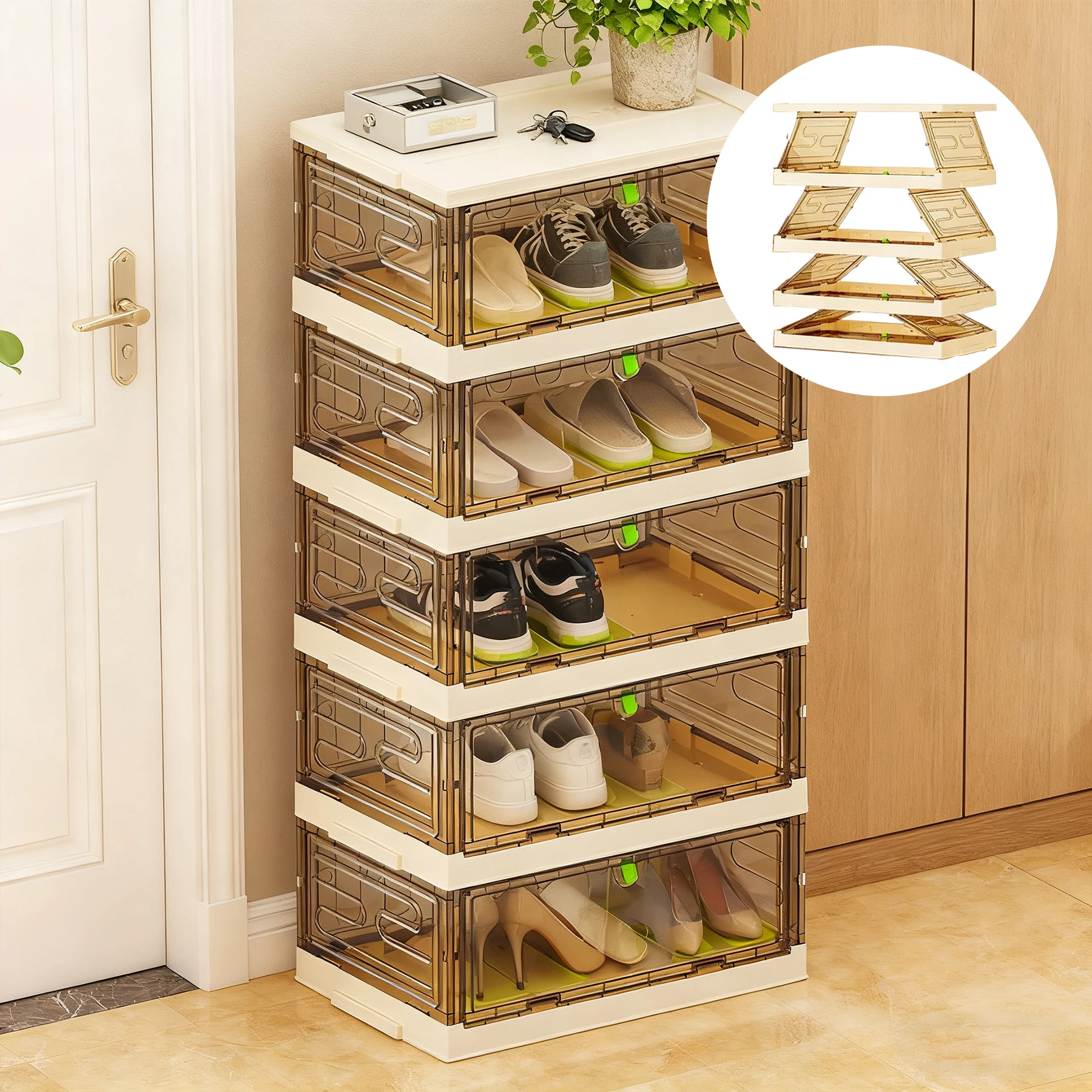 Classic Square Foldable Transparent Plastic Shoe Storage Cabinet One-Piece Design Door Folding No Installation Required Home Use