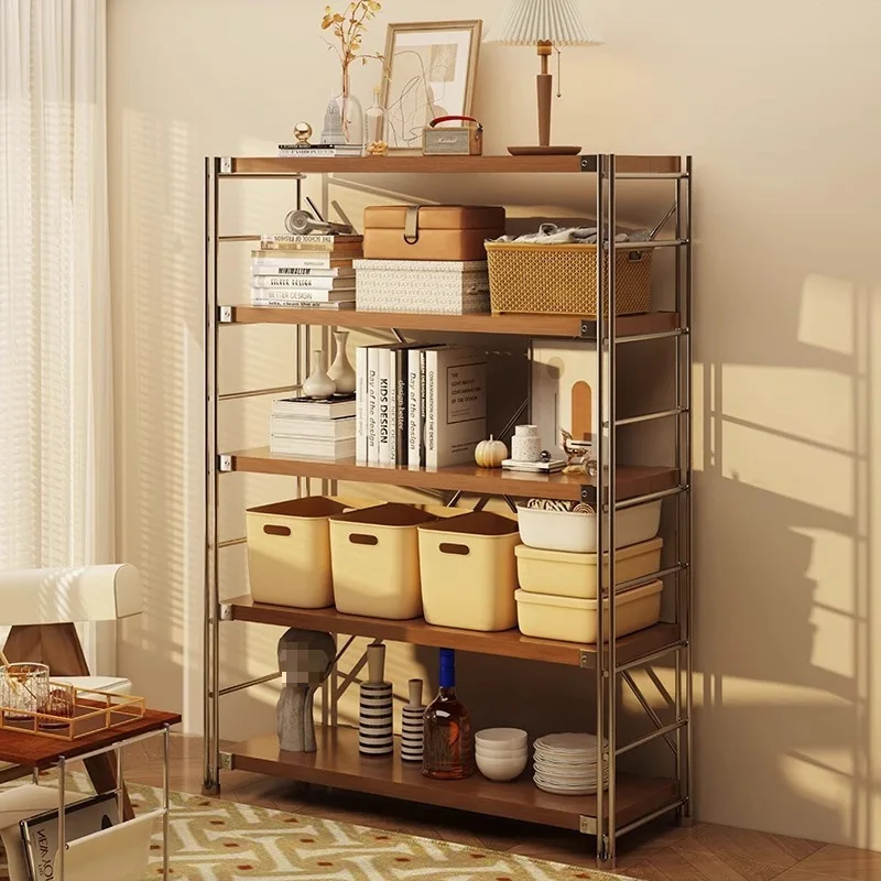 Wooden Shelf Storage Rack with Metal Frame for Kitchen and Living Room