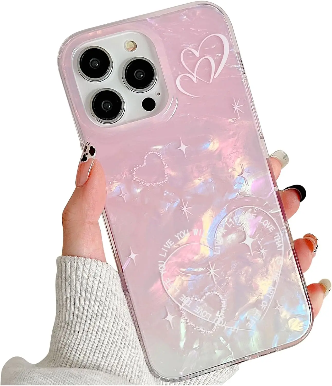 Case for iPhone 16 Pro Plus Max for Glitter Pink Colorful Shell Pearl Cute Heart-Shaped Pattern Slim Cover Protective Cute