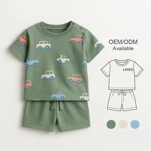 Private Label Boys T-Shirt and Shorts Set Casual Summer Baby Boys Clothing Sets Cartoon Car Print Outfit Cotton Kids Wear