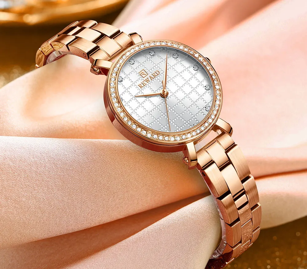 REWARD Watch for Women Wrist Watches Top Brand Quartz Movement Grid Dial Clock Stainless Steel Wristwatches