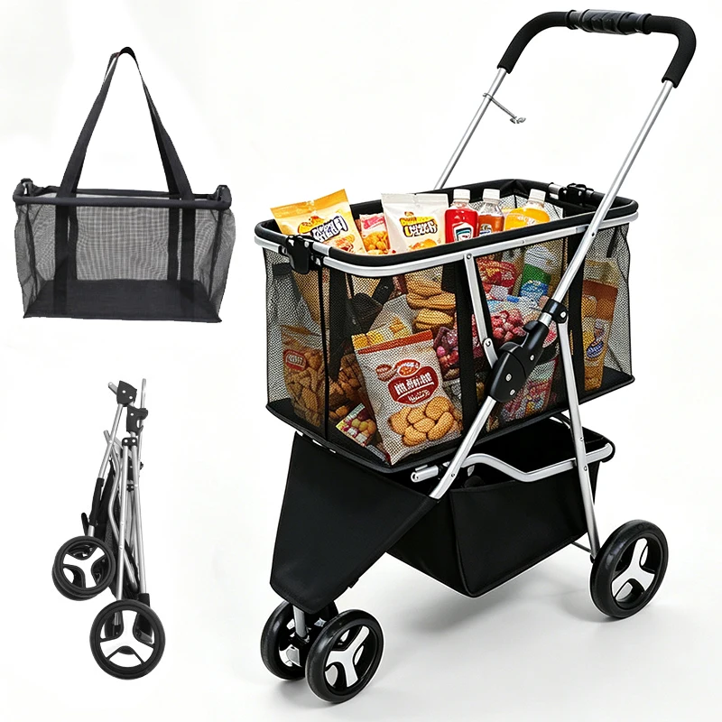 New 3-Wheel Double Layer Pet Stroller One-Click Fold Detachable Hand Pull Cart Multifunctional Outdoor Shopping Grocery Basket