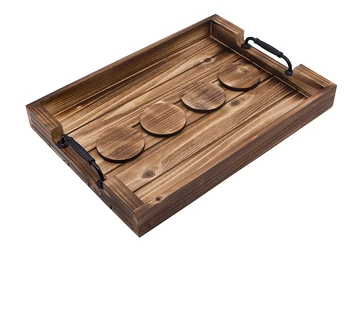 Large farmhouse style wooden tray  With Handle,Includes 4 matching coasters