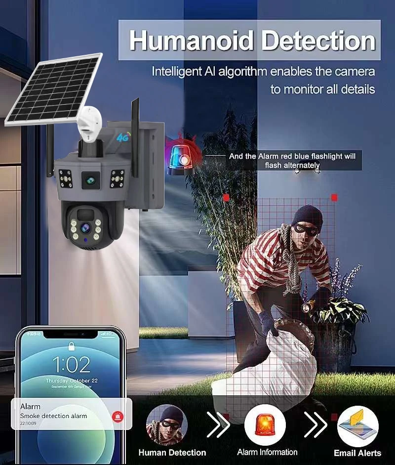 12MP 4g双镜头3屏PIR跟踪低功耗户外网络WIFI安全IP PTZ电池太阳能摄像机