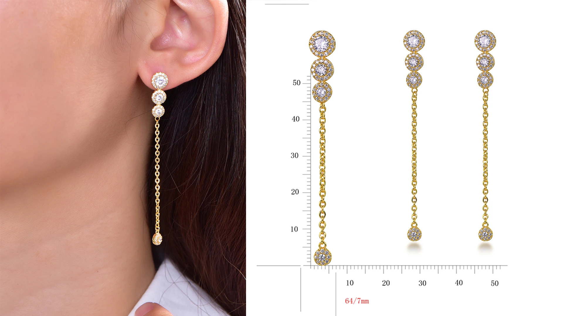 18k gold 3ball chain earring ladies luxury full diamond tassel long earrings long chain pendant earrings