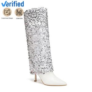 Glamorous White Sequined Women's Over-the-Knee Pointed-Toe Stiletto Heel Boots Zip Closure Height Increasing Winter Appropriate