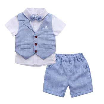2022 Kids Suit Summer Baby Gentleman Clothing Children Short Sleeve Solid Shirt Plaid Vest Shorts 3PCS Toddler Boy Clothes Sets