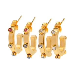 Ins Fashion Blogger C-Shaped Earrings 18K Gold Stainless Steel with Colored Diamond Trendy Exaggerated Design