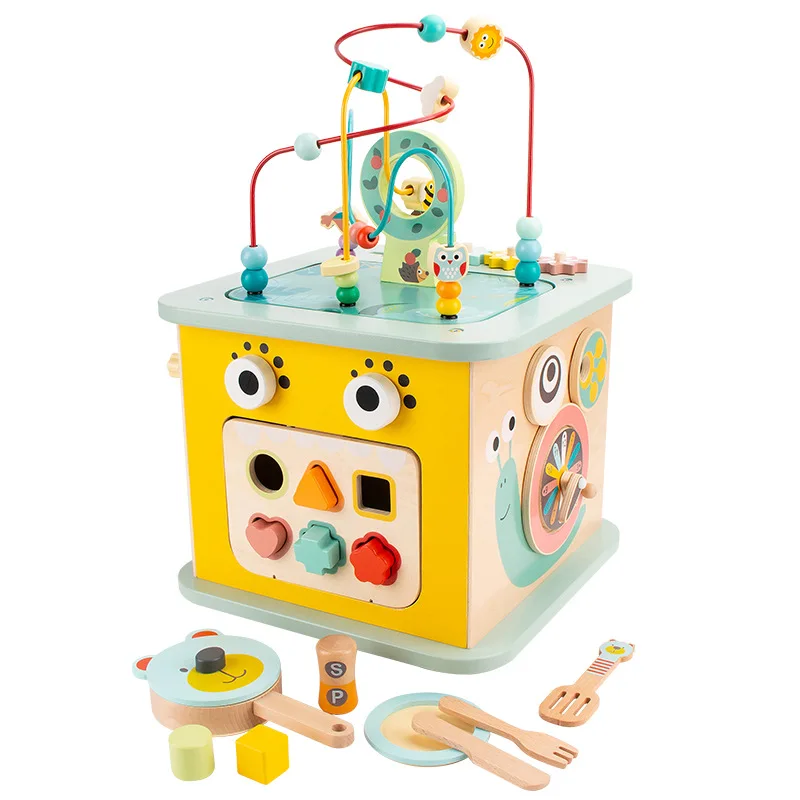 Early Education 7 in 1 Multifunctional Wooden Baby Playing House Cute Maze Game Box Children Matching Blocks Activity Cube