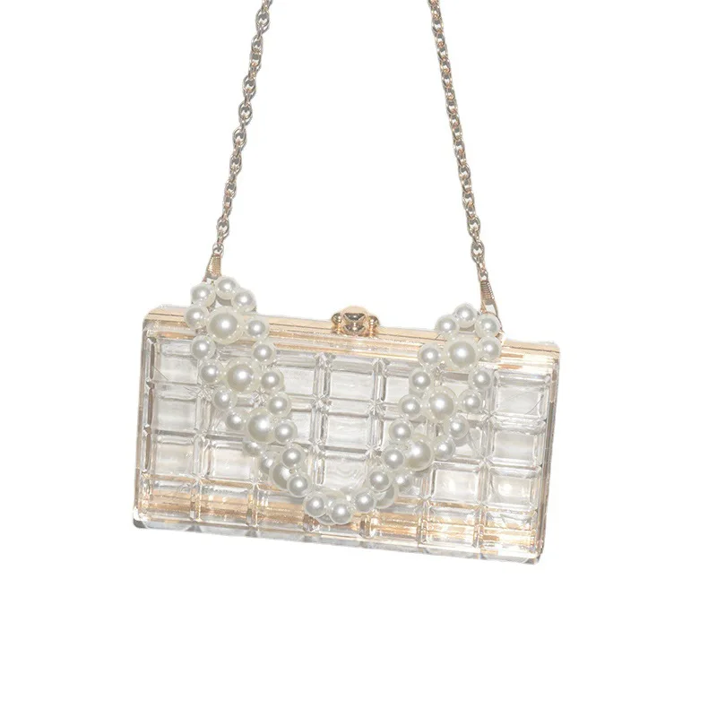 Nouveau Sac Transparent Acrylique Femme Perle Chaîne Sac à Main Dîner Banquet Main Sac De Messager