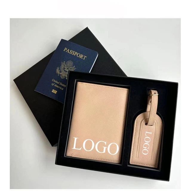 Custom Logo PU Passport Cover Luggage Tag Set for Promotions Wedding Premium Leather Travel Wallet Suitcase Tags with Gift Box