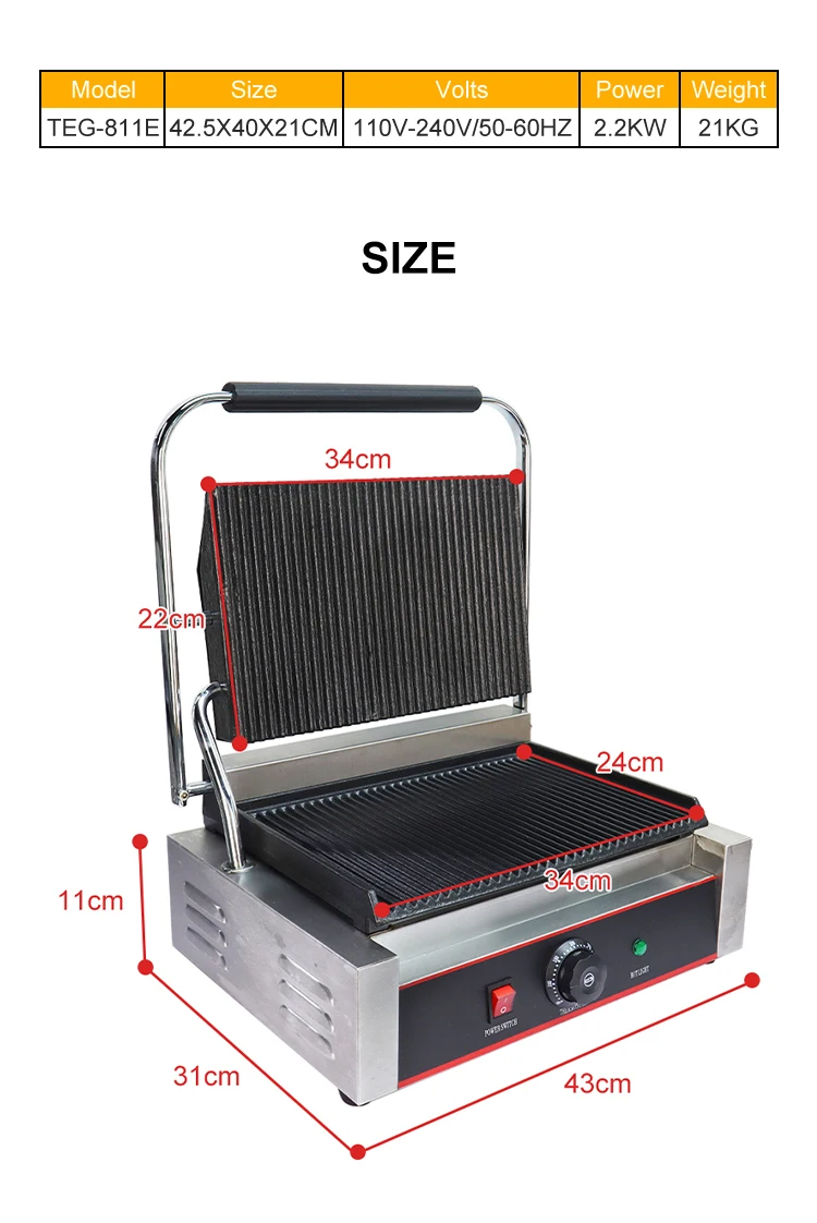 Commercial Equipment Electric Stainless Steel  Sandwich Press Panini Grill Single Head Panini Grill Plate factory