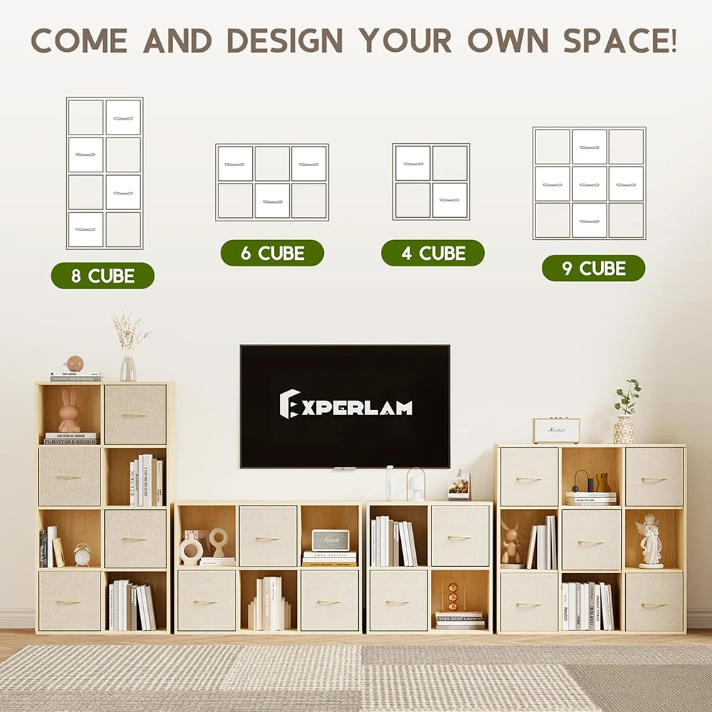 product solid wood modern nu deco cube storage organizer bookshelf 8 cubes 4 bins 2 removable back panels for bedroom living room office-1