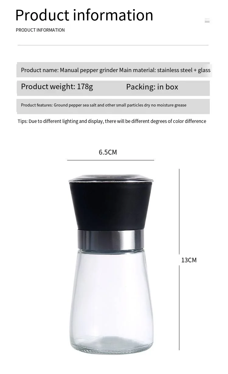 Manual grinder Kitchen glass seasoning bottle Household stainless steel black pepper coffee seasoning grinding bottle supplier