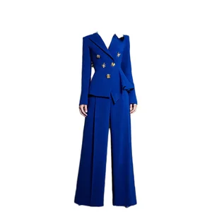 Customize New Custom Darkblue Rose Buckle Butterfly Solid ELEGANT Suit Trousers Pants One Set Women Suit Set