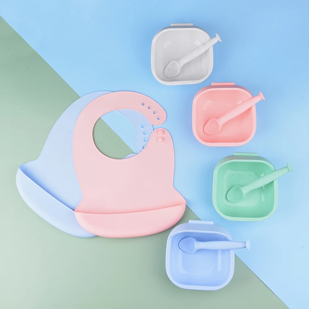Wholesale silicone baby bib waterproof and suction bowl set, bpa free pattern feeding bibs