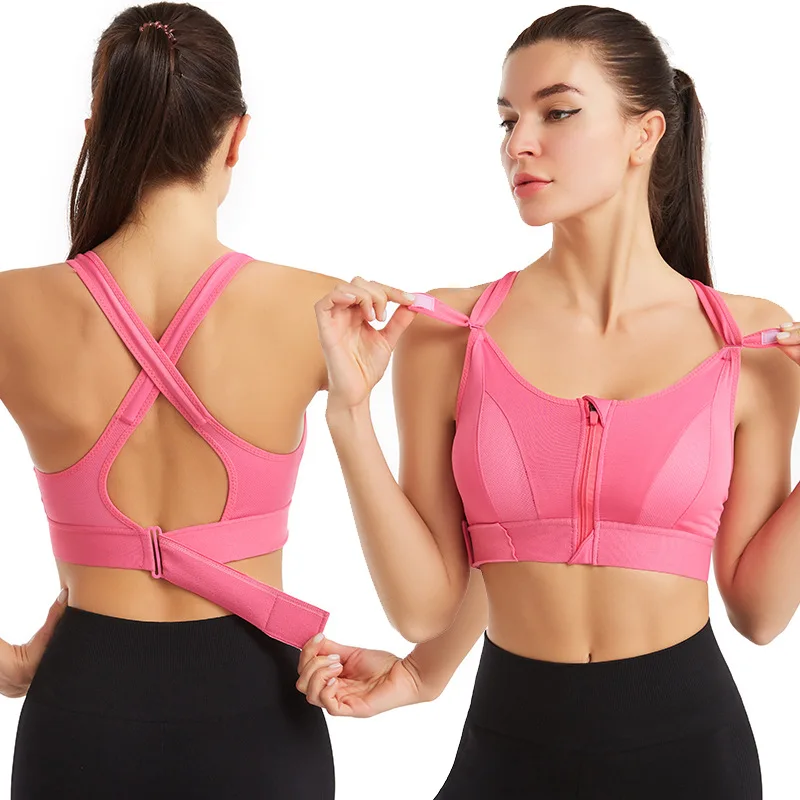 Cross Back Sports Bra with Front Zipper Shockproof Fitness Yoga Gym Plus Size High Elasticity Bra