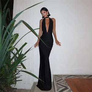 JY Summer New Elegant Deep V-neck Sleeveless Maxi Dress Solid Bodycon Sexy Backless Split Clothes for Women Lady