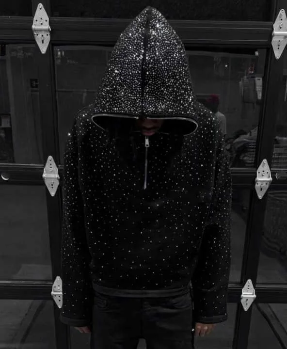 Salati Clothing Manufacture Hot Pressing Drilling Bling Diamond Quarter Zip Cropped Acid Wash Rhinestone Men's Hoodie Sweatshirt gallery 3