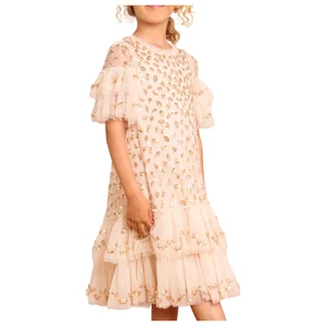 Delicate Children's Floral Summer ODM Gold Sequined Evening Dress Short Sleeves Knee-Length Fluffy Layered Gown