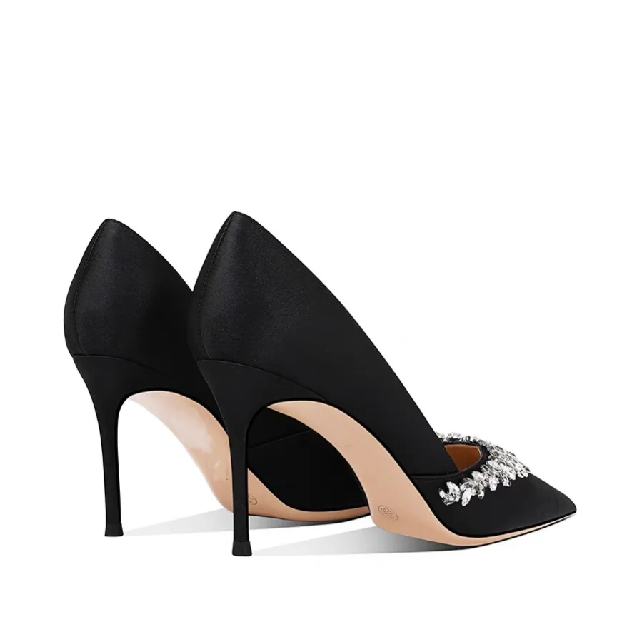 Elegant High Heels Black Dress Shoes Ladies Rhinestone Stiletto Heels Satin Bridal Shoes Women High Heels Pumps - Image 2
