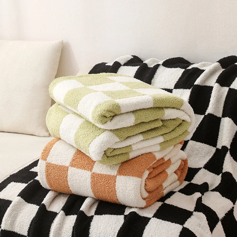Checkerboard Camping Sofa Four Seasons Fleece Blanket Nordic Thickened Warm Cozy Knit Throw