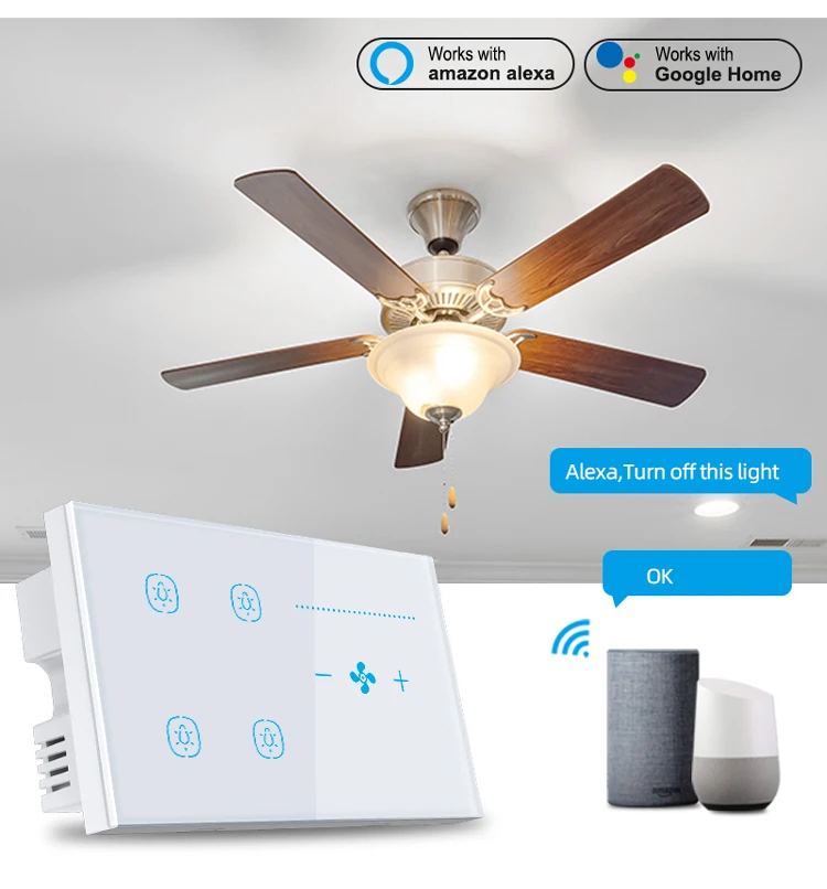 For Tuya Intelligent WiFi Wall Switch 4Gang Lighting Fan Control with Alexa Voice APP Timed Features Max Current 10A Smart Life