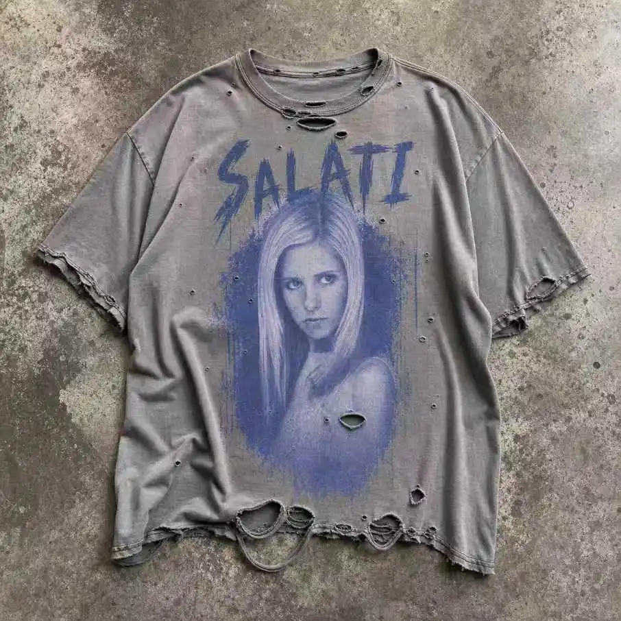 Wholesale Gray Washed Graphic T Shirts Oversized Distressed Portrait Print Ripped Y2K Streetwear Men Short Sleeve T Shirt