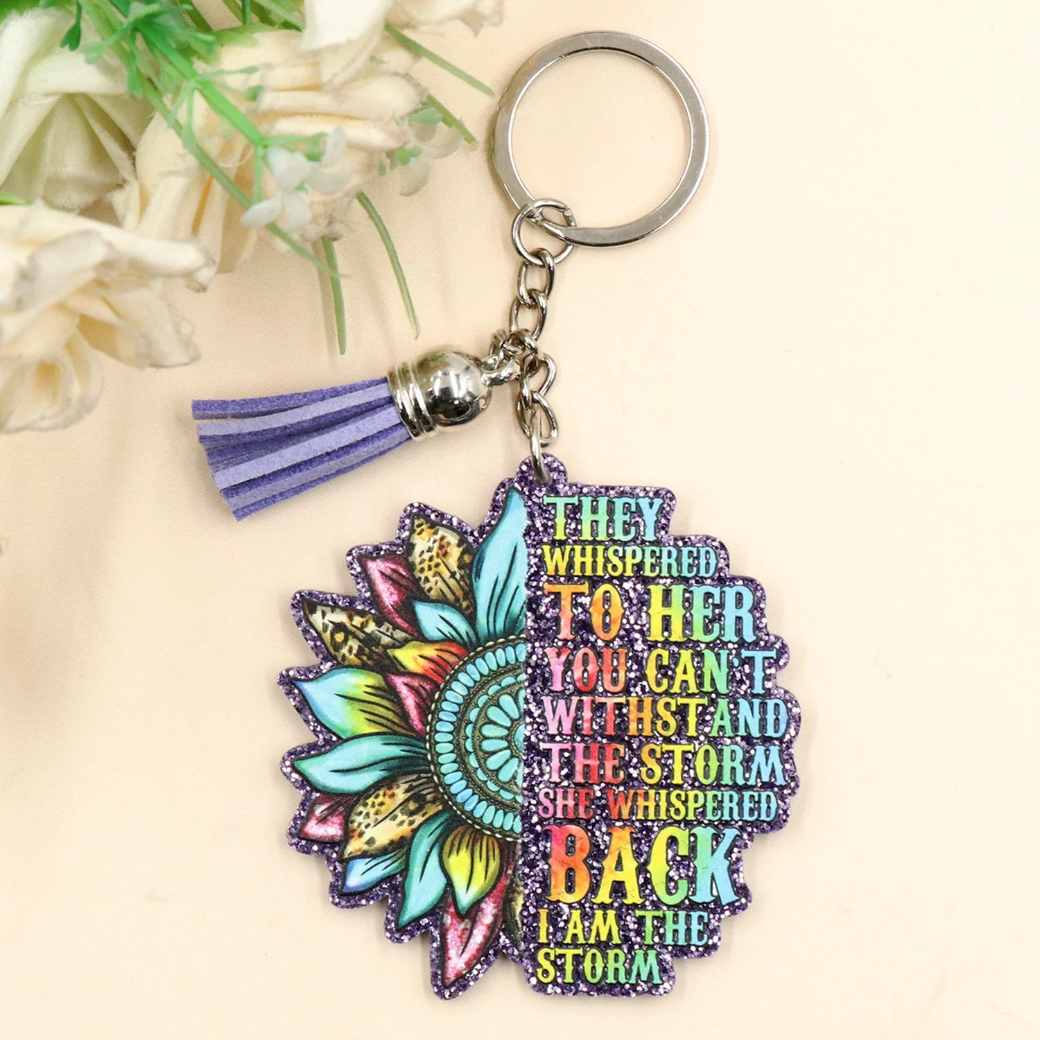 ZSHKH1326 Inspirational Flower Keychain UV Printed Plastic Coin Holder with Stainless Steel Metal Unique Inspirational Design factory