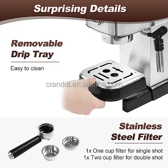 CRANDDI Coffee Machine Espresso With pressure meter Home Business Stainless Steel Machine