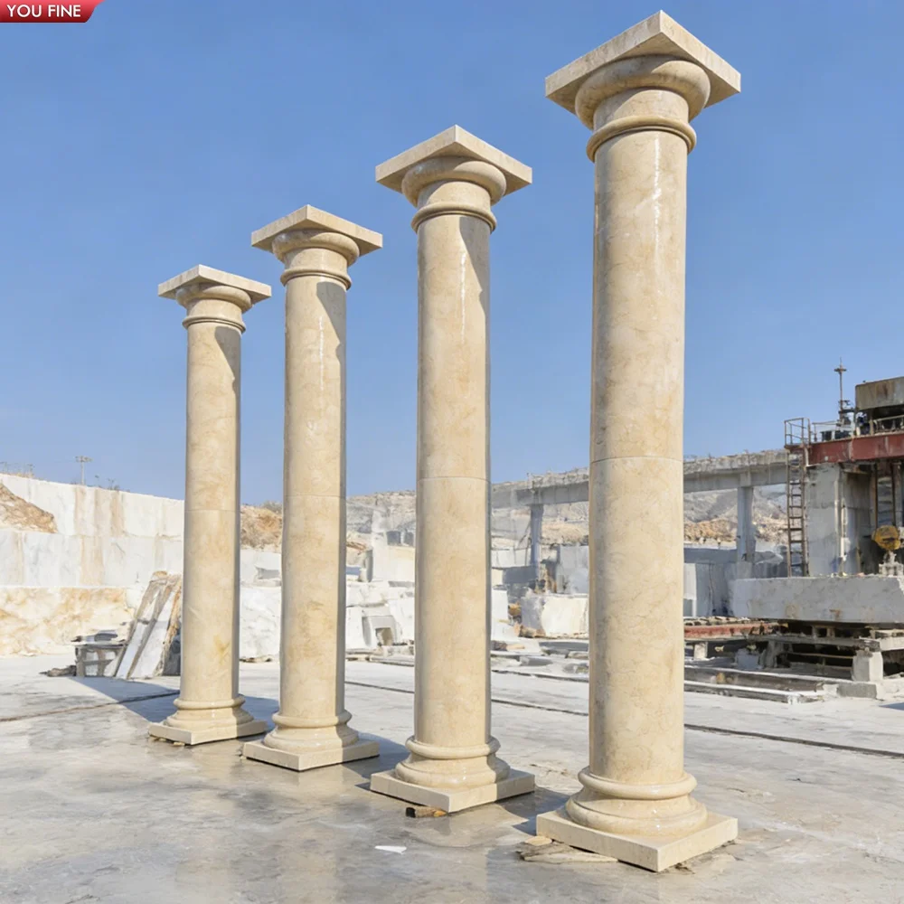 YOUFINE Beige Marble Roman Columns Hand Carved Decorative Pillars for Villa Hotel Building Projects